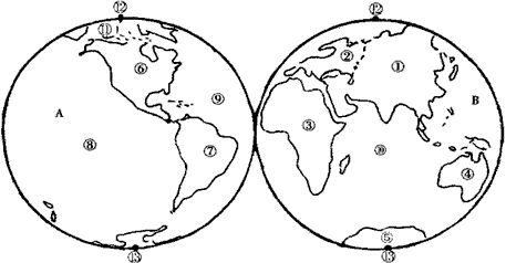 读东,西半球图,完成下列内容